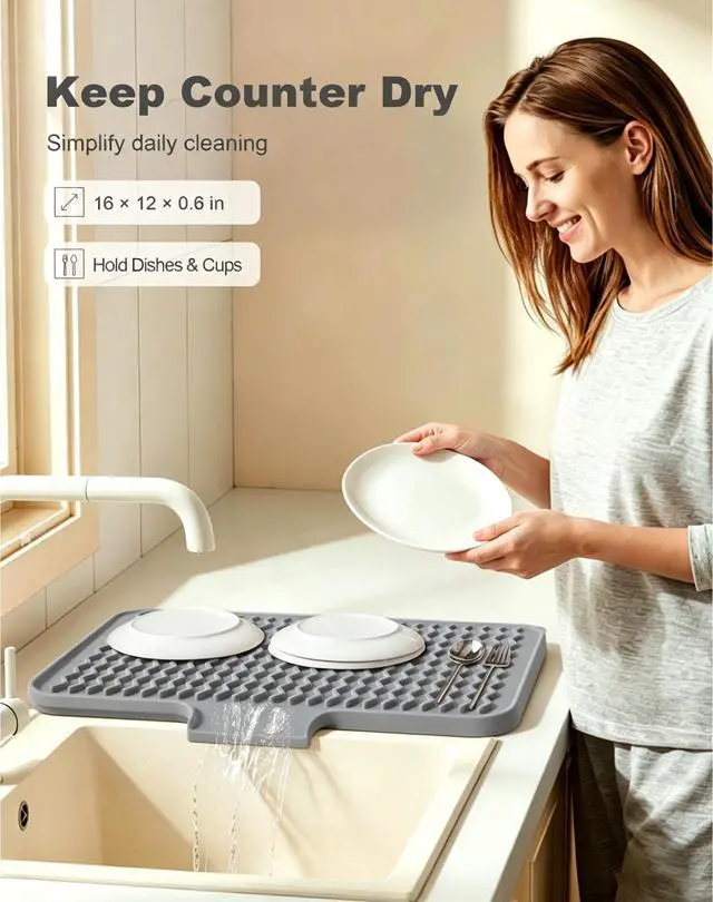 Alt view image 2 of 7 - Silicone Dish Drying Mat for Kitchen Counter, 16 x 12" Fast Drainage Dish Rack Pad Drying Mats, Non-Slip Countertop Protector Heat Resistant Trivet, Easy to Clean Sink Drip Pad for Dishes, Gray