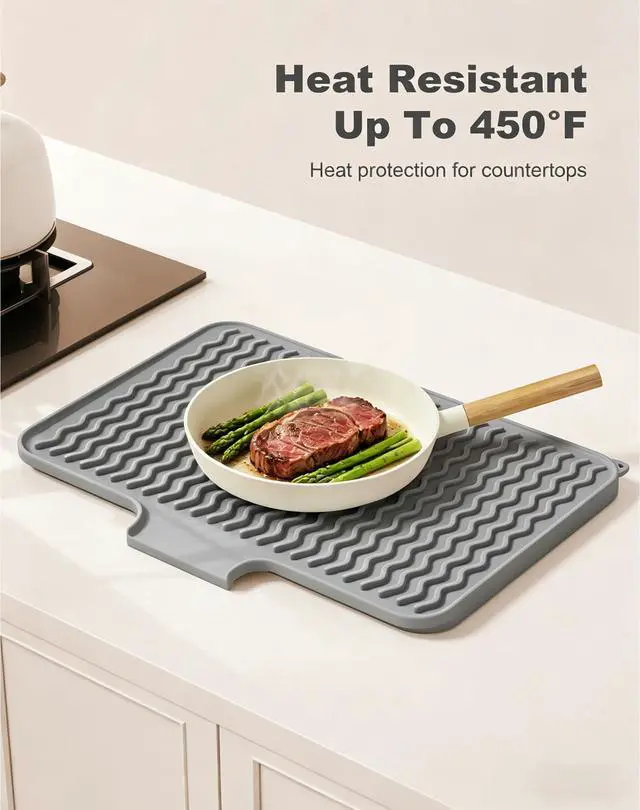 Alt view image 6 of 7 - Silicone Dish Drying Mat for Kitchen Counter, 16 x 12" Fast Drainage Dish Rack Pad Drying Mats, Non-Slip Countertop Protector Heat Resistant Trivet, Easy to Clean Sink Drip Pad for Dishes, Gray