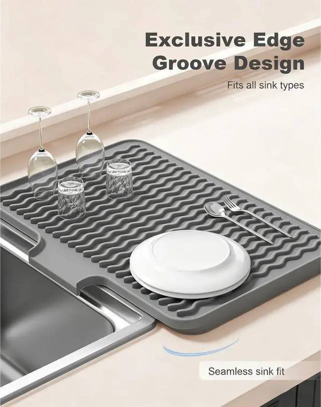 Alt view image 4 of 7 - Silicone Dish Drying Mat for Kitchen Counter, 16 x 12" Fast Drainage Dish Rack Pad Drying Mats, Non-Slip Countertop Protector Heat Resistant Trivet, Easy to Clean Sink Drip Pad for Dishes, Gray