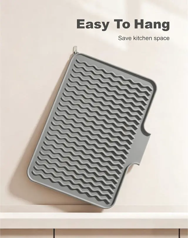 Alt view image 7 of 7 - Silicone Dish Drying Mat for Kitchen Counter, 16 x 12" Fast Drainage Dish Rack Pad Drying Mats, Non-Slip Countertop Protector Heat Resistant Trivet, Easy to Clean Sink Drip Pad for Dishes, Gray