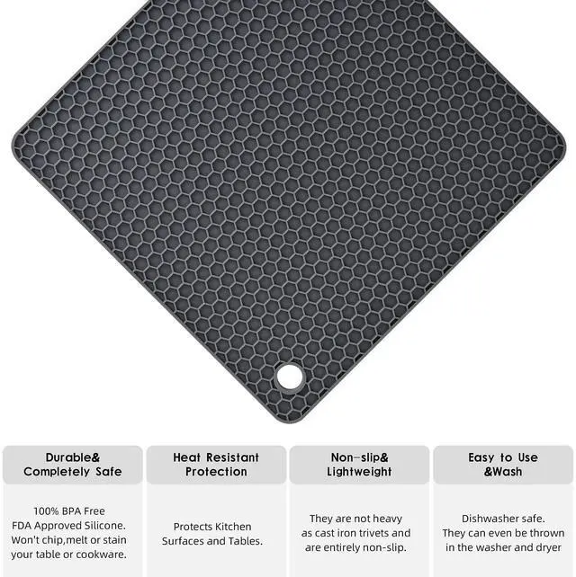 Alt view image 3 of 7 - Silicone Trivet Pot Mat for Countertop Trivest Pads Heat Resistant Table Placemats 4 Pack,Size:7.5x7.5 Inch, Color: Grey, Shape: Square