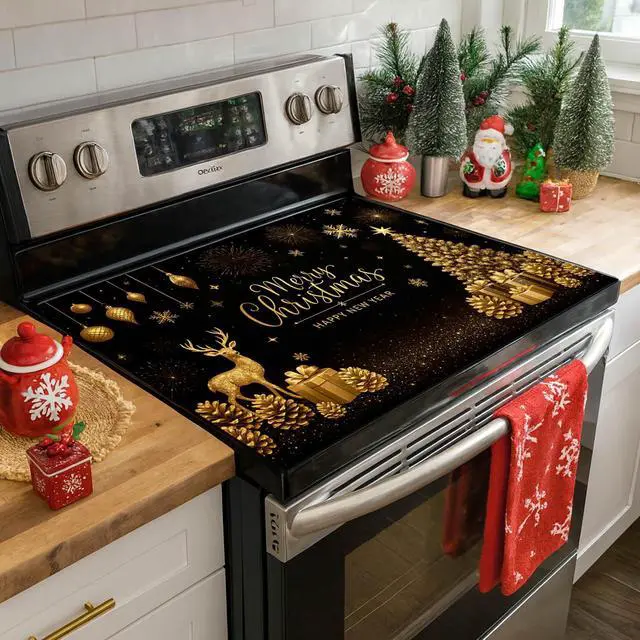 Alt view image 3 of 7 - Christmas Stove Top Cover 28x20 Inch Glass Top Protector Silicone Cooktop Mat Heat Resistant Stovetop Cover Golden Deer Tree Holiday Kitchen Decoration