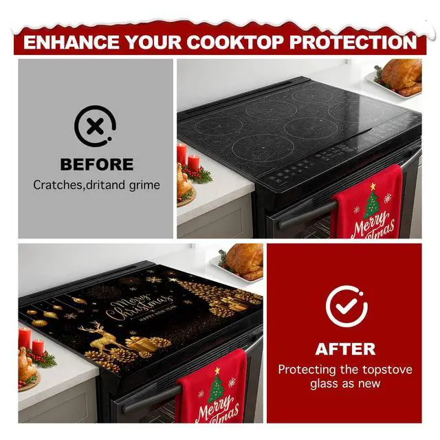 Alt view image 4 of 7 - Christmas Stove Top Cover 28x20 Inch Glass Top Protector Silicone Cooktop Mat Heat Resistant Stovetop Cover Golden Deer Tree Holiday Kitchen Decoration