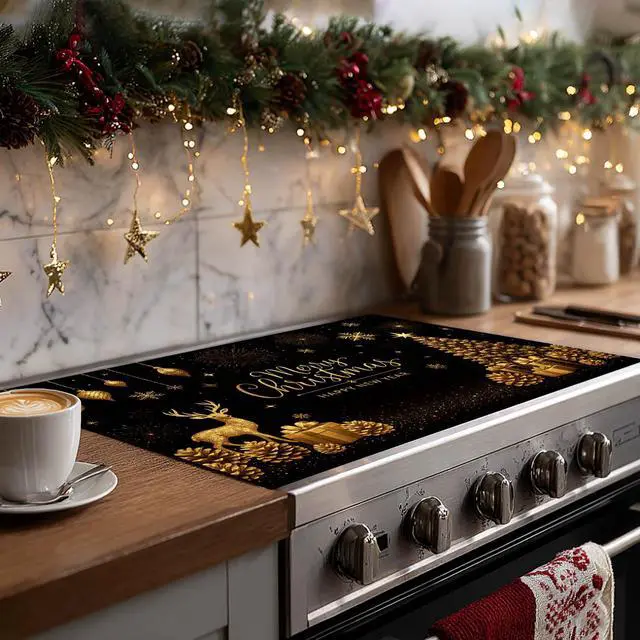 Alt view image 2 of 7 - Christmas Stove Top Cover 28x20 Inch Glass Top Protector Silicone Cooktop Mat Heat Resistant Stovetop Cover Golden Deer Tree Holiday Kitchen Decoration
