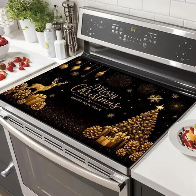 Main image of Christmas Stove Top Cover 28x20 Inch Glass Top Protector Silicone Cooktop Mat Heat Resistant Stovetop Cover Golden Deer Tree Holiday Kitchen Decoration