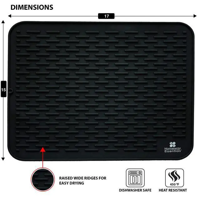 Alt view image 2 of 7 - Silicone Dish Drying Mat 17 x 15, Large Countertop Drainer, Sink Protector and Heat Resistant Trivet, Black