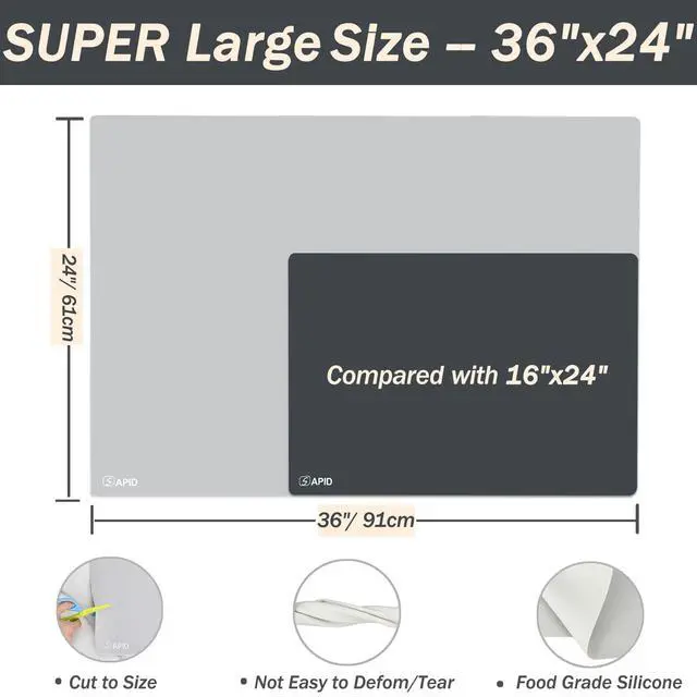 Alt view image 2 of 6 - Extra Large Silicone Mat 36" x 24" Place Mats, Heat Resistant Mat for Kitchen Countertop Protector, Thick Placemats Washable Silicone Mats for Kitchen Counter Mat Dining Table Mat, Grey,