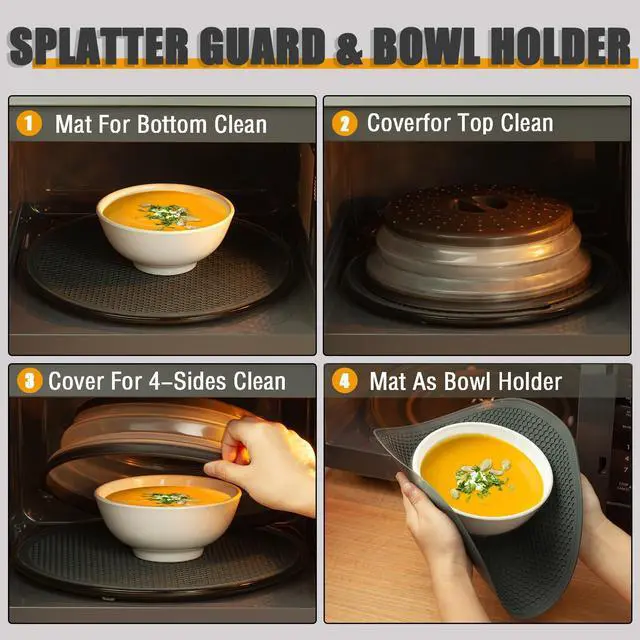 Alt view image 3 of 7 - Microwave Splatter Cover & Silicone Mat Collapsible, Vented, Reusable Food Guard and Plate Cover with Heat-Resistant Trivet for Pots, Pans, and Kitchen Counter, Black
