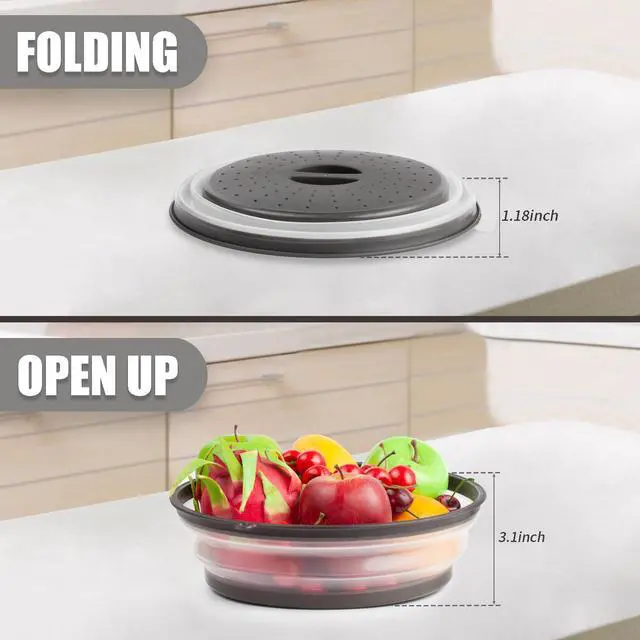 Alt view image 6 of 7 - Microwave Splatter Cover & Silicone Mat Collapsible, Vented, Reusable Food Guard and Plate Cover with Heat-Resistant Trivet for Pots, Pans, and Kitchen Counter, Black