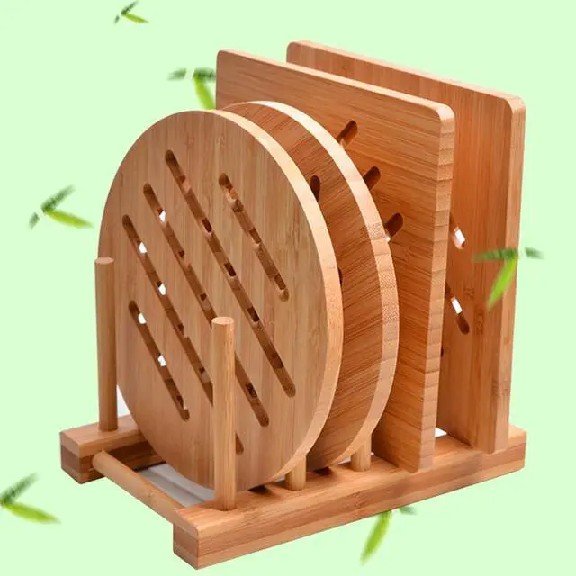 Main image of Trivet Kitchen Bamboo Hot Pads Trivet Natural Bamboo Trivet Mat Set for Hot Dishes/Pot/Bowl/Teapot/Hot Pot Holders 2 Square 2 Roundness 1 Storage Rack