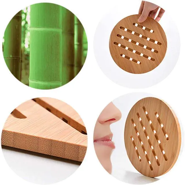Alt view image 4 of 6 - Trivet Kitchen Bamboo Hot Pads Trivet Natural Bamboo Trivet Mat Set for Hot Dishes/Pot/Bowl/Teapot/Hot Pot Holders 2 Square 2 Roundness 1 Storage Rack