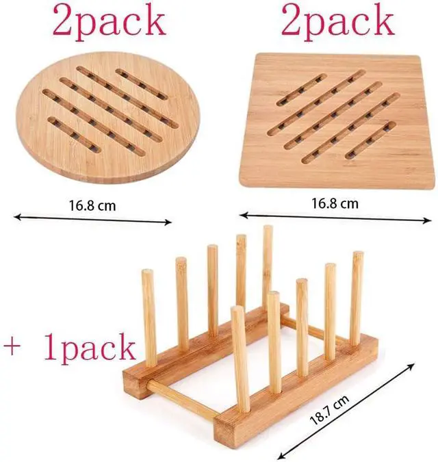 Alt view image 5 of 6 - Trivet Kitchen Bamboo Hot Pads Trivet Natural Bamboo Trivet Mat Set for Hot Dishes/Pot/Bowl/Teapot/Hot Pot Holders 2 Square 2 Roundness 1 Storage Rack
