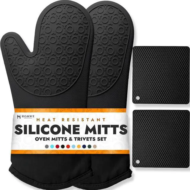 Main image of BPA-Free Soft Silicone 4 Piece Oven Mitts & Trivets Set - Ultra Heat Resistant Oven Mitts with Thick Cotton Liner - Long Slip Resistant Pot Holders, Flexible Oven Gloves - Black