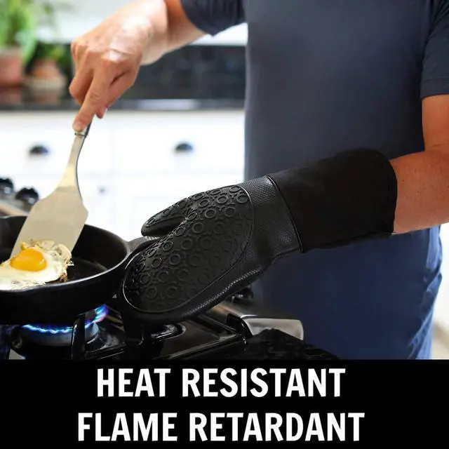 Alt view image 4 of 6 - BPA-Free Soft Silicone 4 Piece Oven Mitts & Trivets Set - Ultra Heat Resistant Oven Mitts with Thick Cotton Liner - Long Slip Resistant Pot Holders, Flexible Oven Gloves - Black