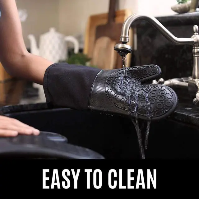 Alt view image 6 of 6 - BPA-Free Soft Silicone 4 Piece Oven Mitts & Trivets Set - Ultra Heat Resistant Oven Mitts with Thick Cotton Liner - Long Slip Resistant Pot Holders, Flexible Oven Gloves - Black