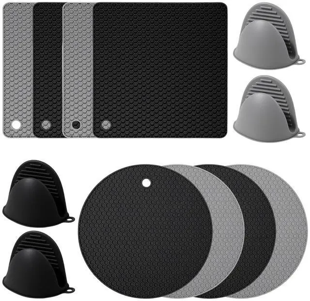 Main image of 12 Pack Silicone Trivet Mats Hot Pads with Silicone Oven Mitts Non Slip Pot Holders Heat Resistant Trivet Pads Cooking for Kitchen Counter Table Placemats (Black, Gray)