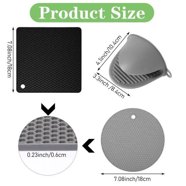 Alt view image 2 of 7 - 12 Pack Silicone Trivet Mats Hot Pads with Silicone Oven Mitts Non Slip Pot Holders Heat Resistant Trivet Pads Cooking for Kitchen Counter Table Placemats (Black, Gray)