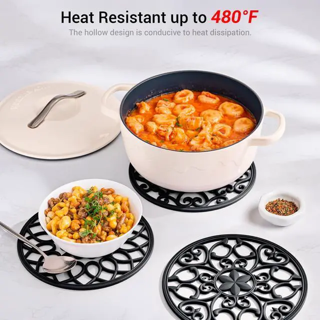 Alt view image 3 of 7 - Set Silicone Trivet Mats for Hot Dishes, Heat Resistant Pots and Pans Holders, Non-Slip Flexible Hot Pads Coasters for Countertops Table, Modern Kitchen Decor Accessories (Black)