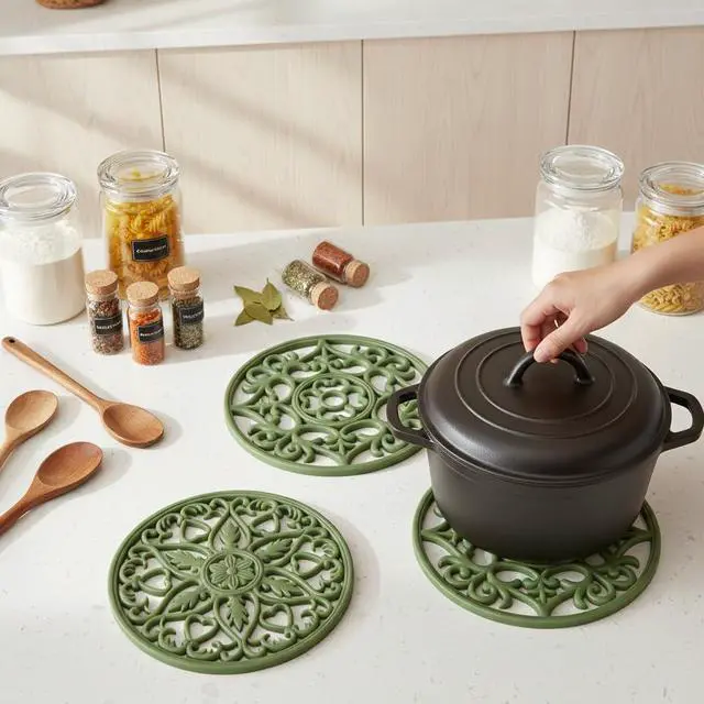 Alt view image 3 of 7 - Trivets for Dishes/Pots/Pans, 3 Pcs Silicone Mats, Flexible/Durable/Non Slip Hot Pads to Protect Table and Counter Top (Olive Green)