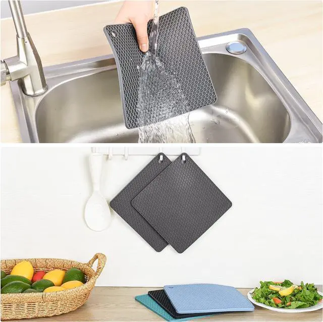 Alt view image 6 of 7 - Silicone Trivets Mats, Silicone Hot Pads for Pot Holder, Square Trivets for Hot Dishes, Pots and Pans, Multi Purpose Hot Pads for Kitchen Counter, Non Slip Heat Resistant Mats Set 4 Navy