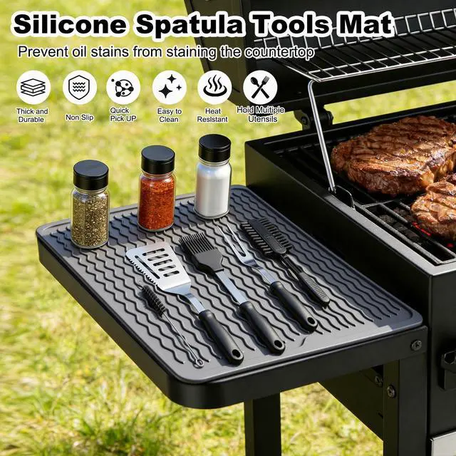 Alt view image 3 of 7 - Silicone Grill Tools Mat for Blackstone Weber Traeger Pit Boss Flat Top Grill Smoker,BBQ Accessories Pad Mats for Outdoor Kitchen Counter Cooking, Side Shelf Spatula Mat,Gifts for Men (Grey)