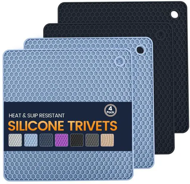Main image of Silicone Trivet Mats 4 Heat Resistant Pot Holders Multipurpose Non-Slip Hot Pads for Kitchen Potholders, Drying mat, Jar Opener, Spoon Holder, Coaster.(Black Nordic Blue)