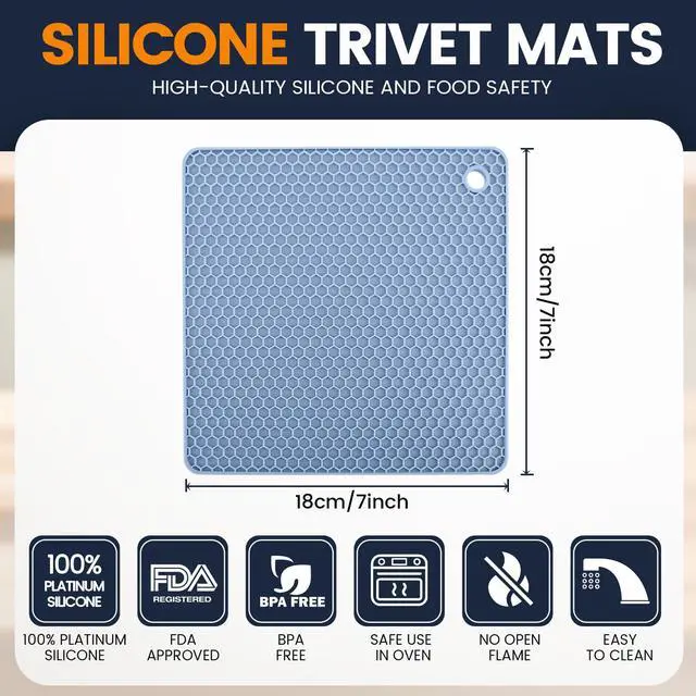 Alt view image 2 of 7 - Silicone Trivet Mats 4 Heat Resistant Pot Holders Multipurpose Non-Slip Hot Pads for Kitchen Potholders, Drying mat, Jar Opener, Spoon Holder, Coaster.(Black Nordic Blue)