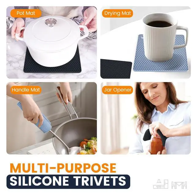 Alt view image 3 of 7 - Silicone Trivet Mats 4 Heat Resistant Pot Holders Multipurpose Non-Slip Hot Pads for Kitchen Potholders, Drying mat, Jar Opener, Spoon Holder, Coaster.(Black Nordic Blue)