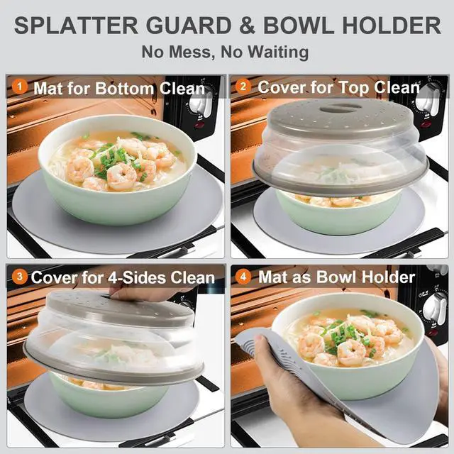 Alt view image 2 of 7 - 2 in 1, Microwave Splatter Cover for Food & Silicone Microwave Mat, Mat as Bowl Holder, Trivet, Pot Holders, Drying, Baking, Utensils Rest for Kitchen Counter, Dishwasher Safe, Grey