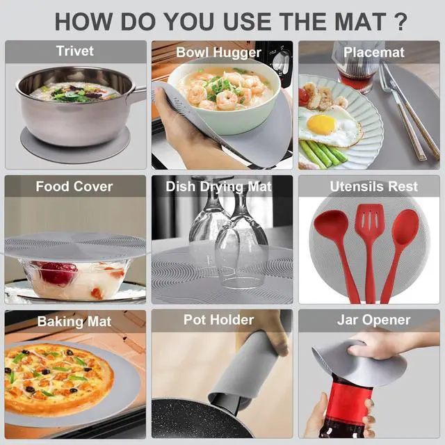 Alt view image 3 of 7 - 2 in 1, Microwave Splatter Cover for Food & Silicone Microwave Mat, Mat as Bowl Holder, Trivet, Pot Holders, Drying, Baking, Utensils Rest for Kitchen Counter, Dishwasher Safe, Grey
