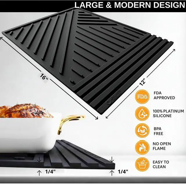 Alt view image 2 of 7 - Extra Large Silicone Trivets for hot Dishes 16x12Inch - mat with Thick and Modern Design Multi-Purpose, Heat Resistant Hot Pads for Kitchen Countertop, Black