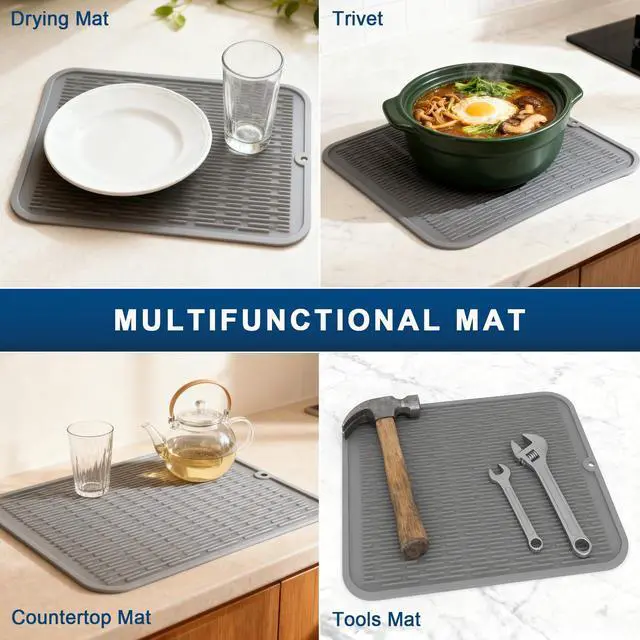 Alt view image 7 of 7 - Extra Large Silicone Trivet drying mat for kitchen counter Gray 2 Pack