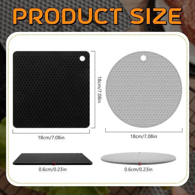 Alt view image 2 of 6 - Silicone Trivets Bulk Non Slip Heat Resistant Hot Pads for Kitchen Countertops Table Pot Holders Mats for Hot Dishes Restaurant Catering Event Party Gathering, Round Square(Gray, Black)