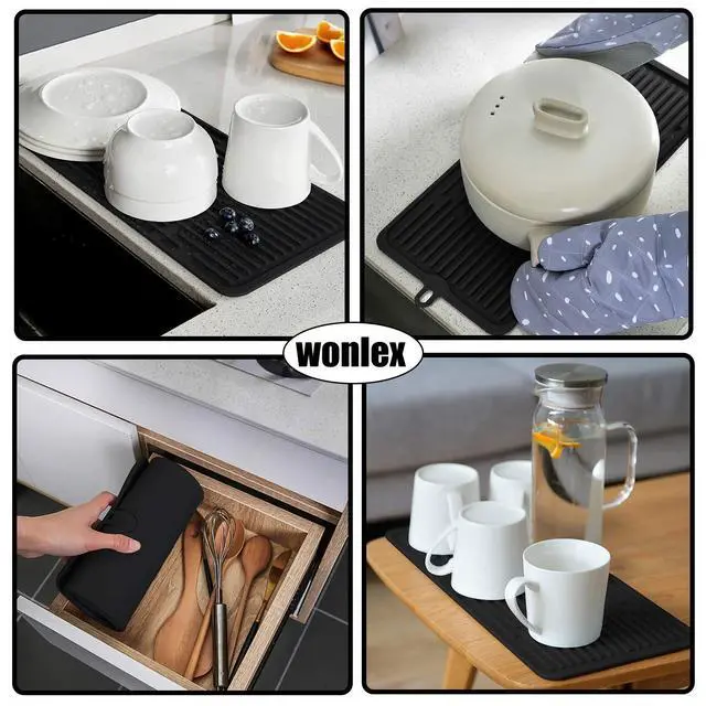 Alt view image 2 of 7 - Silicone Dish Drying Mat 18x8, Heat Resistant Trivets for Kitchen Counter, Draining Mat, Sink Mat, Hot Pads for Multiple Usage (Black)