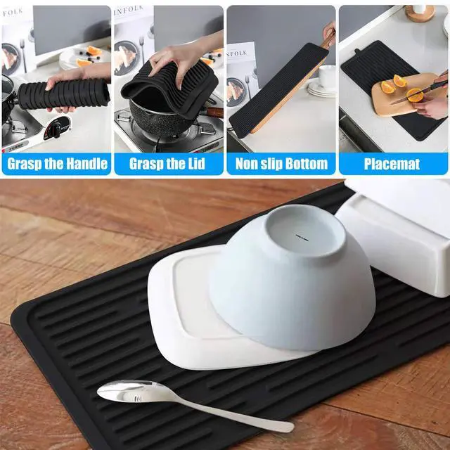 Alt view image 3 of 7 - Silicone Dish Drying Mat 18x8, Heat Resistant Trivets for Kitchen Counter, Draining Mat, Sink Mat, Hot Pads for Multiple Usage (Black)