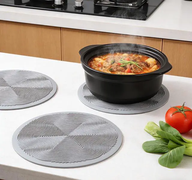 Alt view image 4 of 7 - Silicone Hot Pot Holder Mats 10in (3-PCS) - Heat Resistant Countertop Protector with Non-Slip Geometric Pattern, Easy Clean Kitchen Trivet for Dining Table, Stove Top, Counter Safe Medium Grey