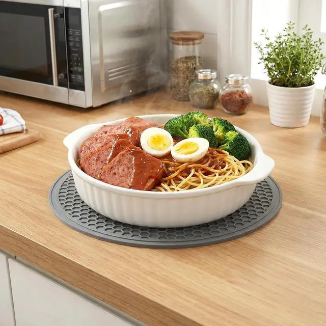 Alt view image 4 of 7 - Pcs Silicone Microwave Mat, 9.76 Inch Heat Resistant Hot Pot Holder, Round Silicone Non-Slip Trivet, Multifunctional Mat for Kitchen, Dishwasher Safe Mat (Gray)