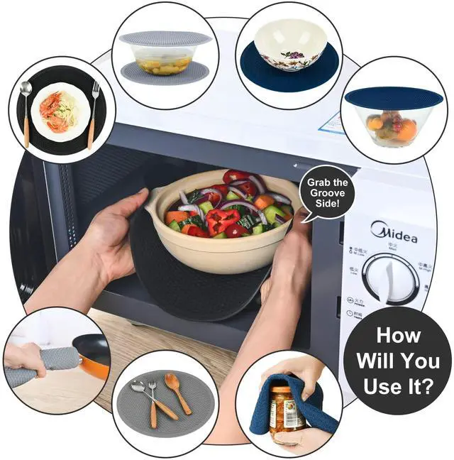 Alt view image 4 of 7 - Silicone Trivet Mat -Pot Holders-Round Trivets for Hot Dishes-Pots & Pans, Dia11.81 Microwave Plate Cover Mat, Multi Function Counter Silicone Mats, Durable Kitchen Drying Mat Set 2 Black