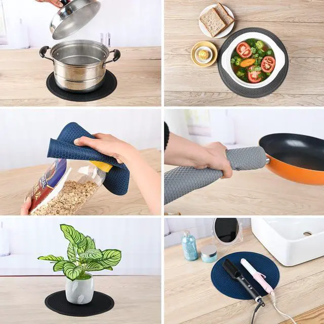 Alt view image 5 of 7 - Silicone Trivet Mat -Pot Holders-Round Trivets for Hot Dishes-Pots & Pans, Dia11.81 Microwave Plate Cover Mat, Multi Function Counter Silicone Mats, Durable Kitchen Drying Mat Set 2 Black