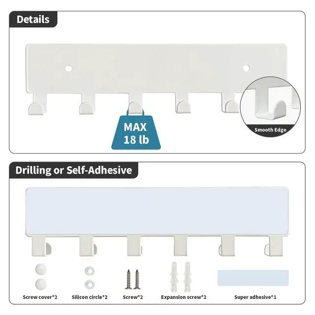 Alt view image 3 of 6 - Key Holder for Wall, Key Hooks with 6 Hooks, Wall Mounted Key Holder for Hallway, Self Adhesive Key Rack(White)