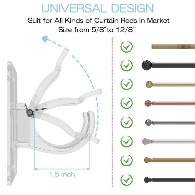 Alt view image 2 of 7 - 4PCS No Drill Curtain Brackets, Self-Adhesive Rod Holders, Adjustable Hooks for Rods Under 1.57 Inch (Transparent)