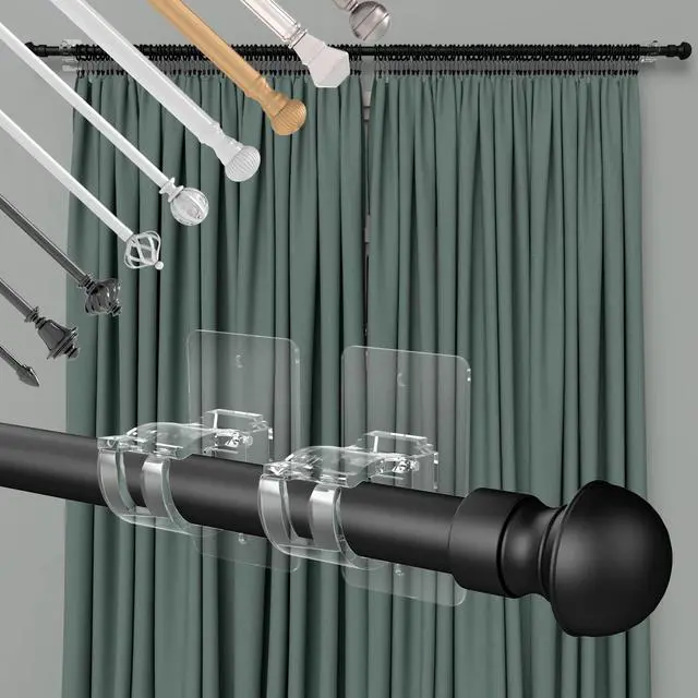 Alt view image 6 of 7 - 4PCS No Drill Curtain Brackets, Self-Adhesive Rod Holders, Adjustable Hooks for Rods Under 1.57 Inch (Transparent)