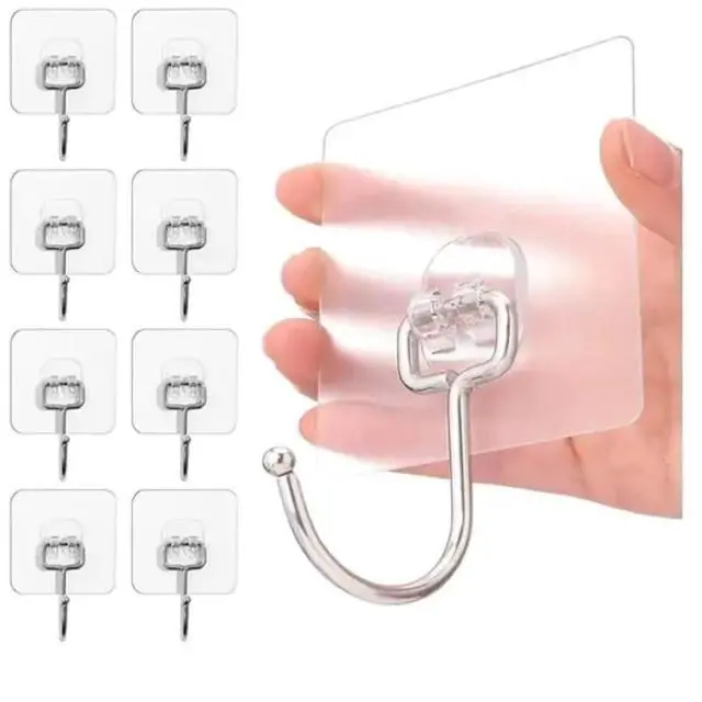 Main image of Ultra Strong 50lb (Max) Transparent Self-Adhesive Hooks - Heavy-Duty Wall Hooks for Kitchen, Bathroom, Ceiling, and More - The Ultimate Organizational Solution (Pack of 10)