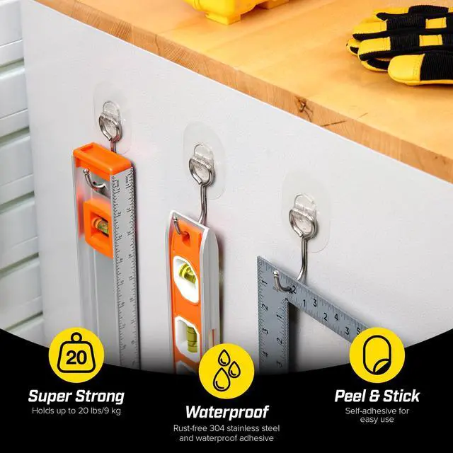 Alt view image 2 of 7 - Sticky Hooks - Large (12-Pack) - Waterproof Clear Adhesive Hooks for Hanging in Bathroom and Under Cabinet Strong Adhesive for Home Storage