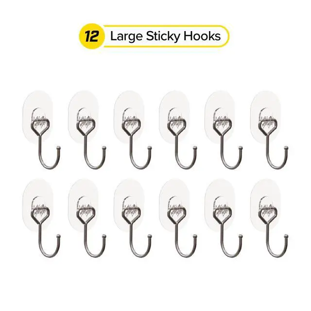 Alt view image 4 of 7 - Sticky Hooks - Large (12-Pack) - Waterproof Clear Adhesive Hooks for Hanging in Bathroom and Under Cabinet Strong Adhesive for Home Storage