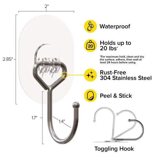 Alt view image 7 of 7 - Sticky Hooks - Large (12-Pack) - Waterproof Clear Adhesive Hooks for Hanging in Bathroom and Under Cabinet Strong Adhesive for Home Storage