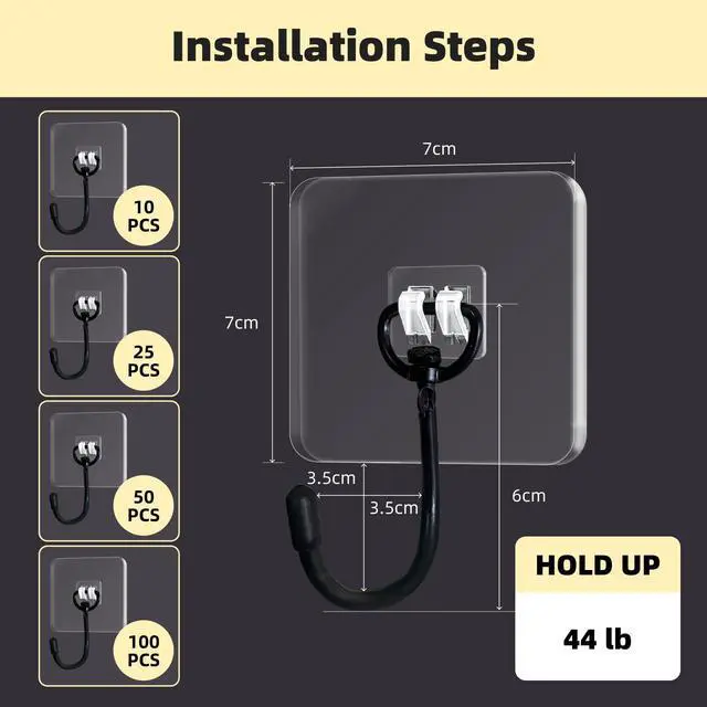 Alt view image 5 of 7 - 10 Packs Large Hooks for Heavy-Duty Hanging 44Ib(Max) Wall Hangers - No Nails, Self-Adhesive Traceless, Waterproof Rustproof, Bathroom Kitchen Home Use