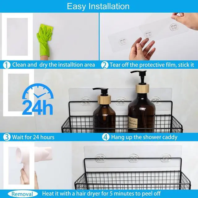 Alt view image 5 of 6 - 15 Pack Shower Caddy Adhesive Replacement, No Drilling Shower Shelf Adhesive, Strong Caddy Sticker Hooks Replacement for Showers Shelves and Kitchen Racks Organizer