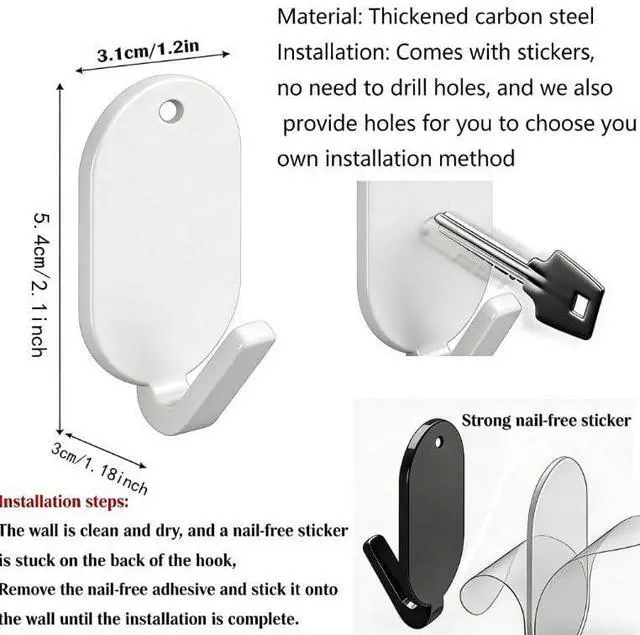 Alt view image 2 of 7 - 5Pack Heavy Duty Self-Adhesive Hanging Hooks Door Hooks Wall Hook for Keys, Bathroom, Shower, Outdoor, Kitchen, Door, Home Improvement, Utility Room-Thickened Carbon Steel (White)