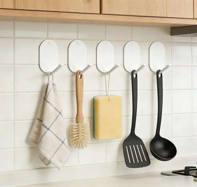 Alt view image 4 of 7 - 5Pack Heavy Duty Self-Adhesive Hanging Hooks Door Hooks Wall Hook for Keys, Bathroom, Shower, Outdoor, Kitchen, Door, Home Improvement, Utility Room-Thickened Carbon Steel (White)
